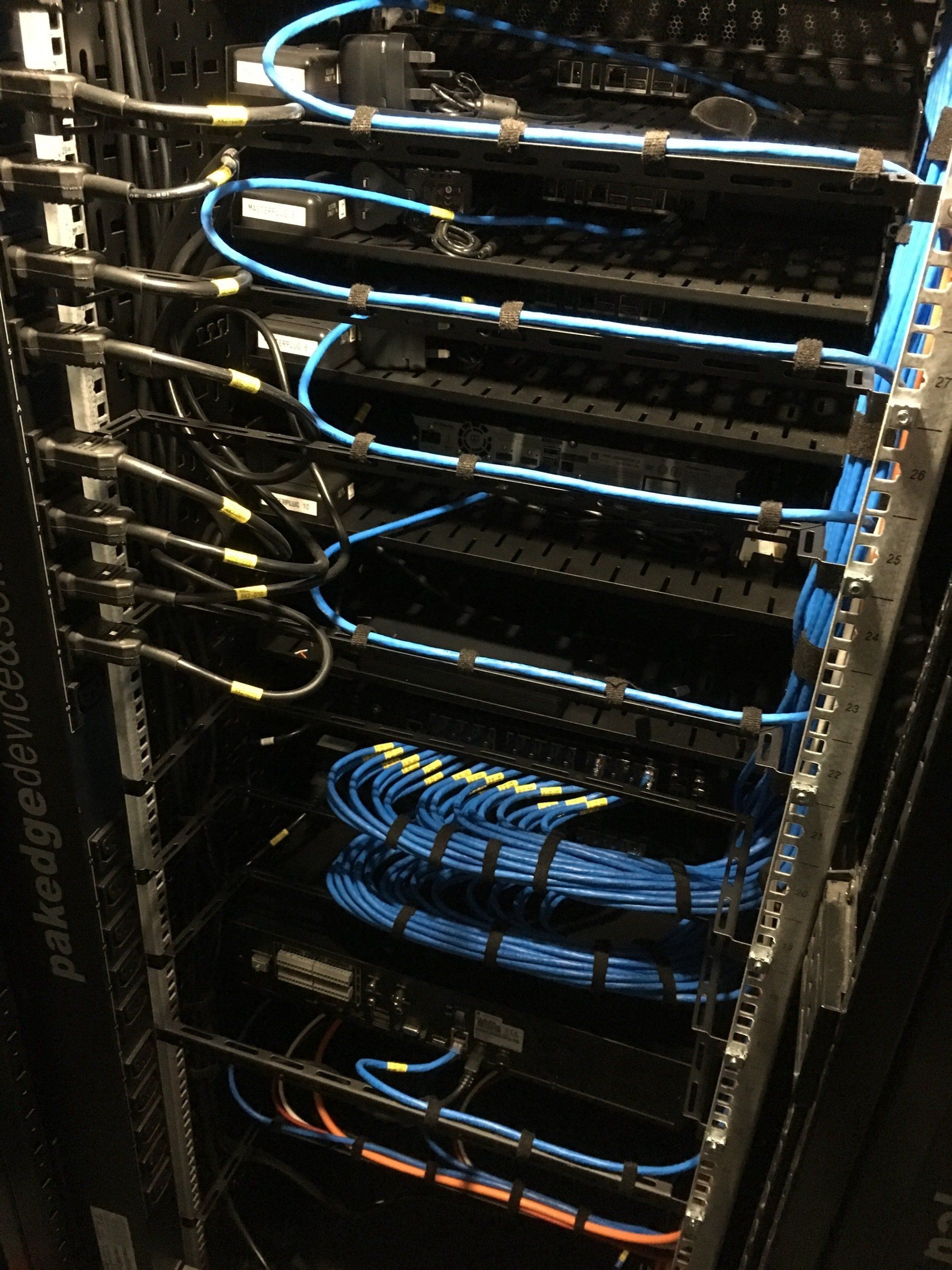 Photograph of lacing of category 6A cables in the video rack