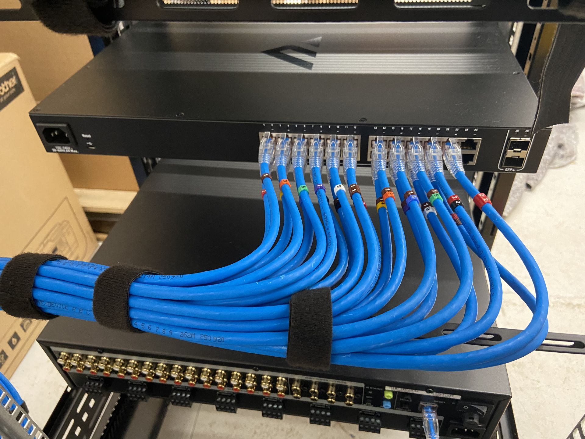 Network server rack with blue ethernet cables connected to switches.
