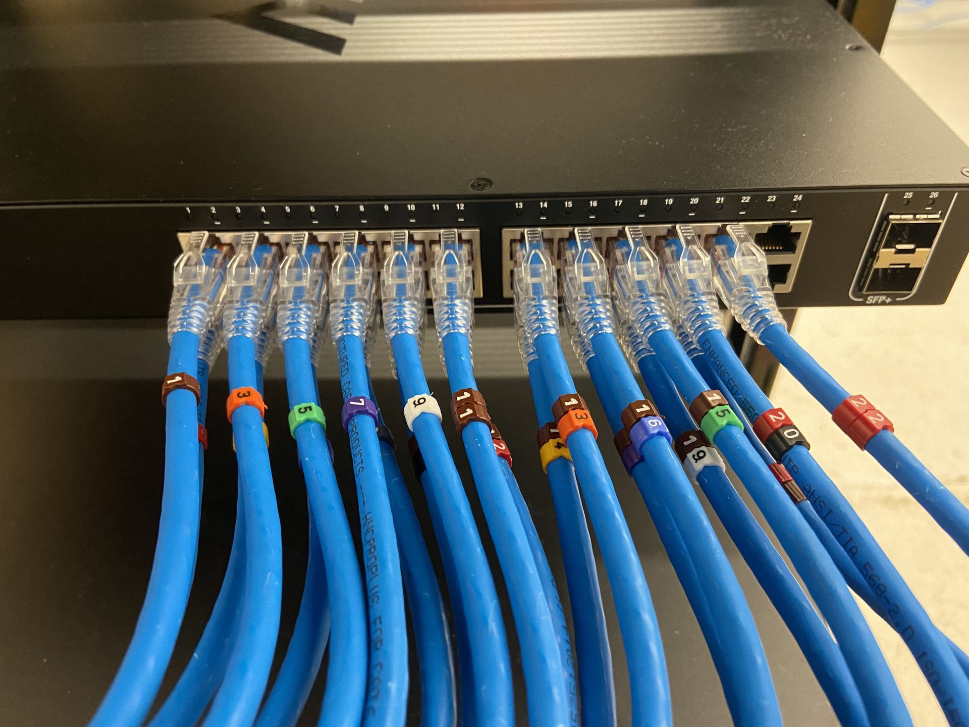 Blue network cables plugged into a black switch with colorful identification bands.