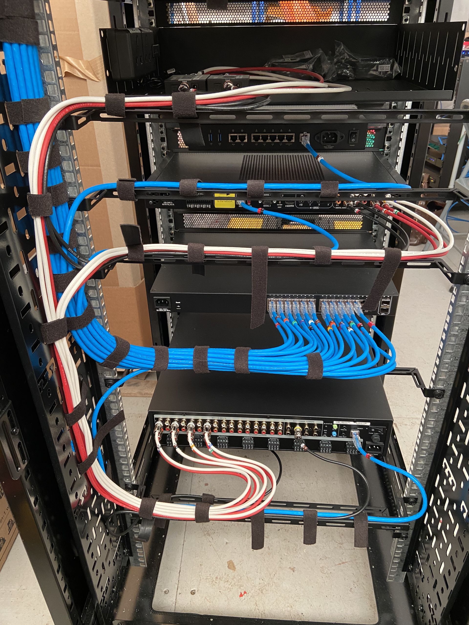 Network server rack with neatly organized blue, white, and red cables, secured by black velcro straps.