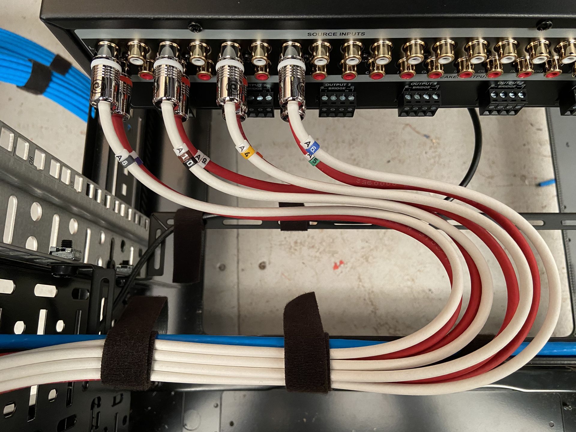 Cables connected to a black component within a rack. White and red cables are secured with black velcro straps.
