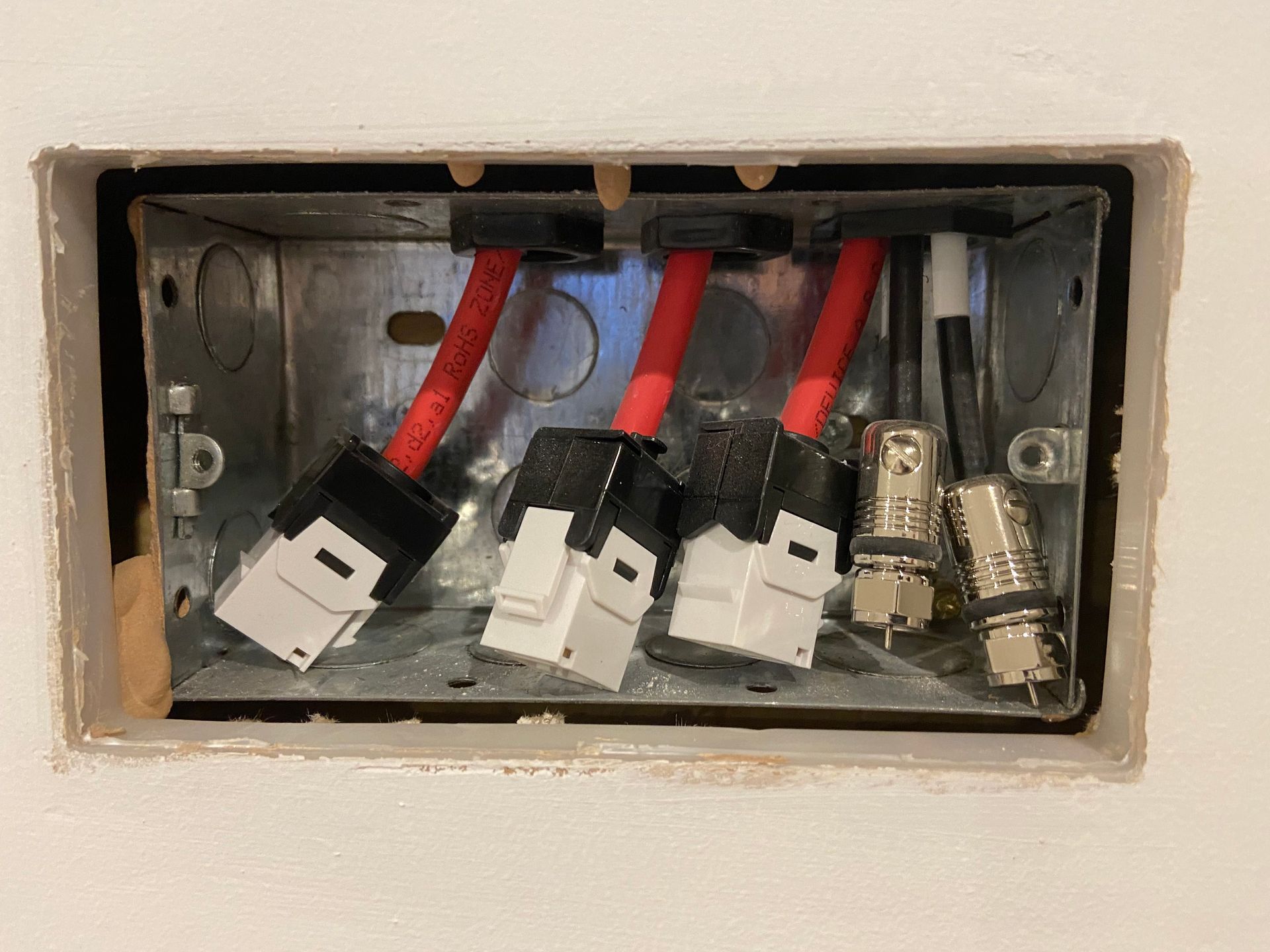 Inside of a 2 Gang wall socket that contains 3 x CAT6A cables and 2 x coxial