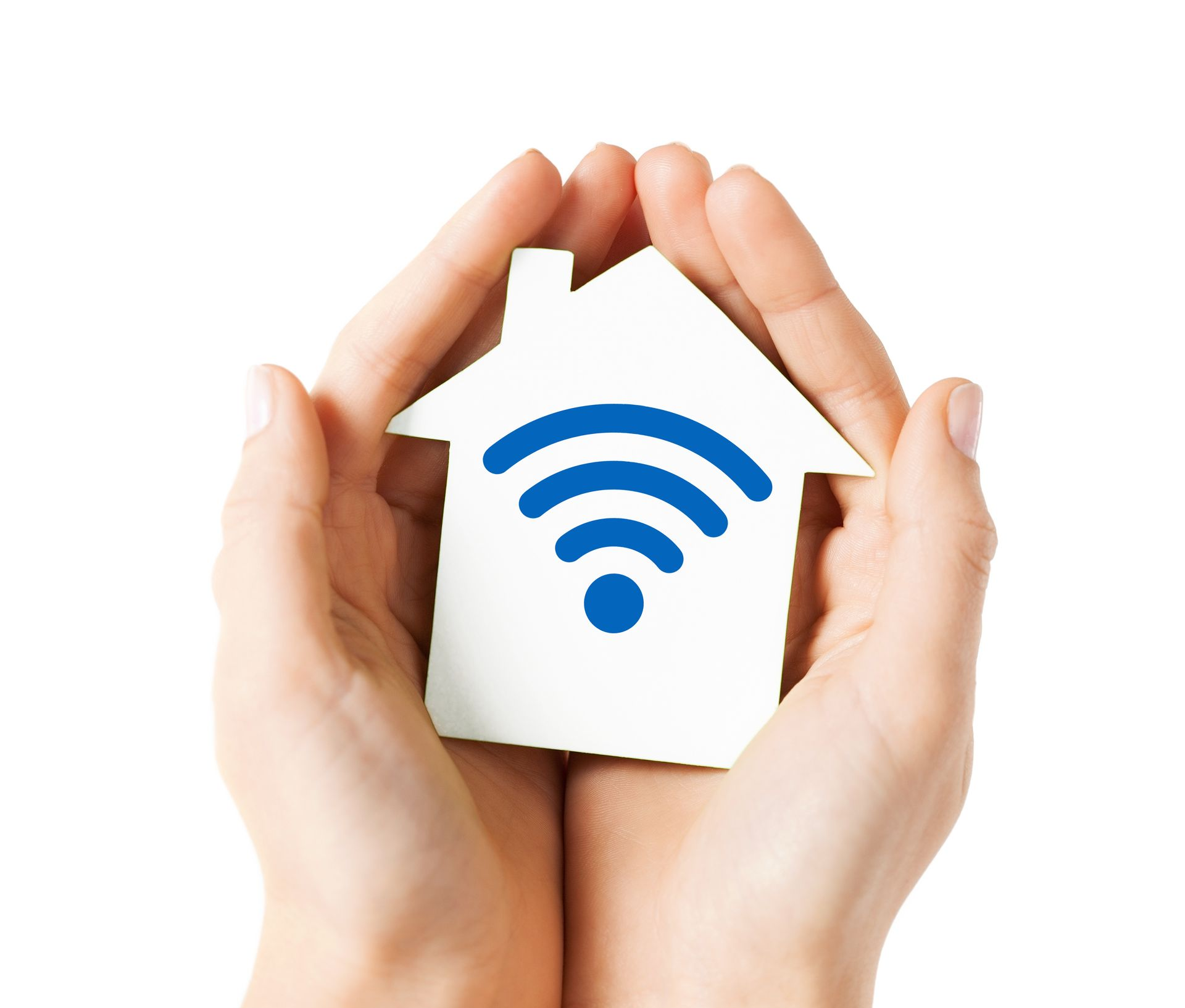 Hands holding a white house-shaped cutout with a blue WiFi symbol.