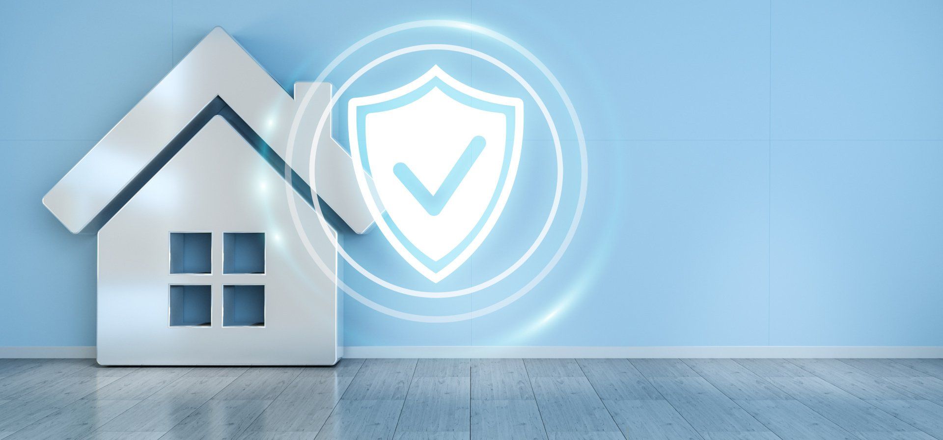 A graphic of a house and a tick mark in a shield