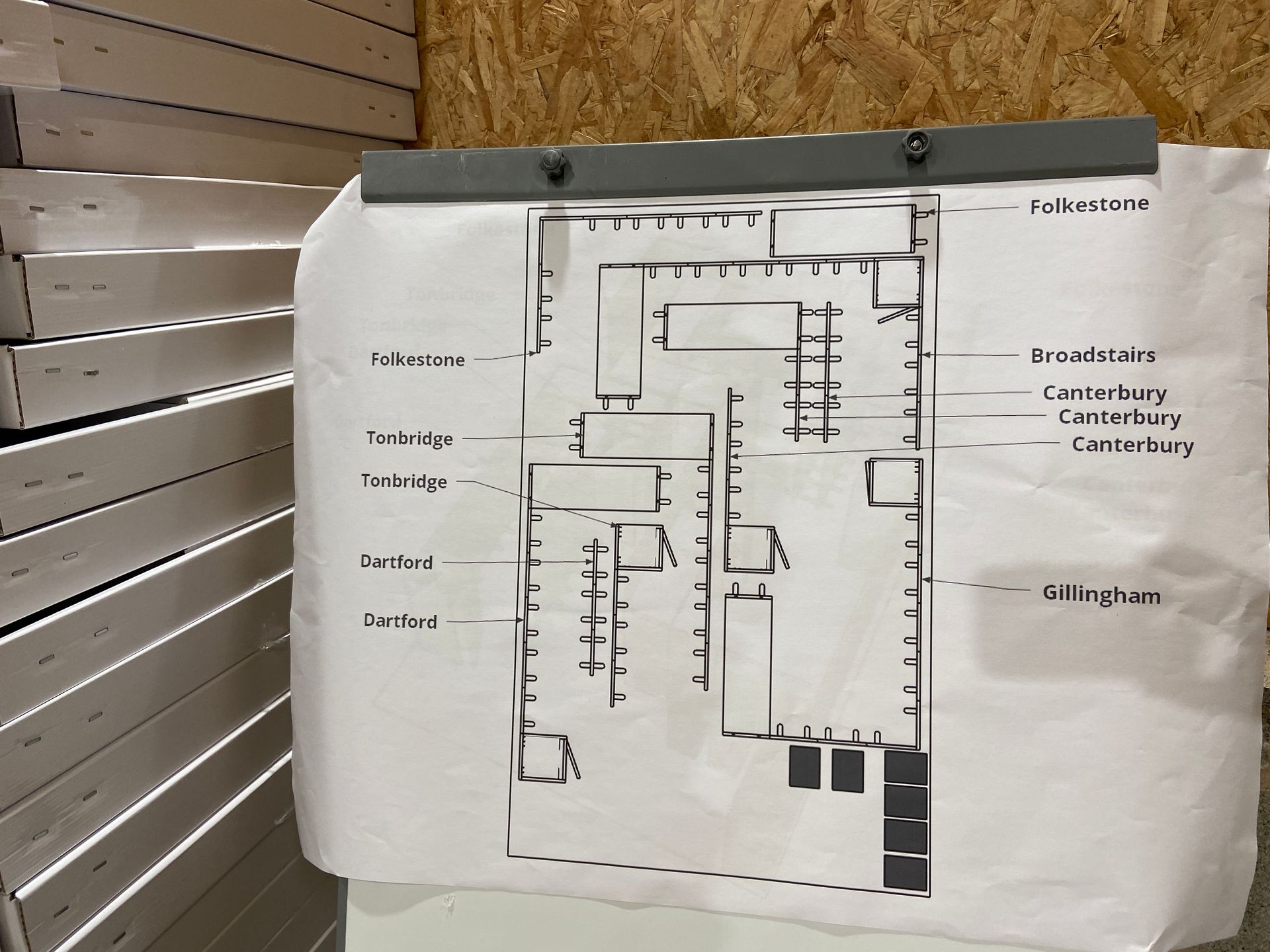 2D drawing showing layout of exhibition display panels in workshop