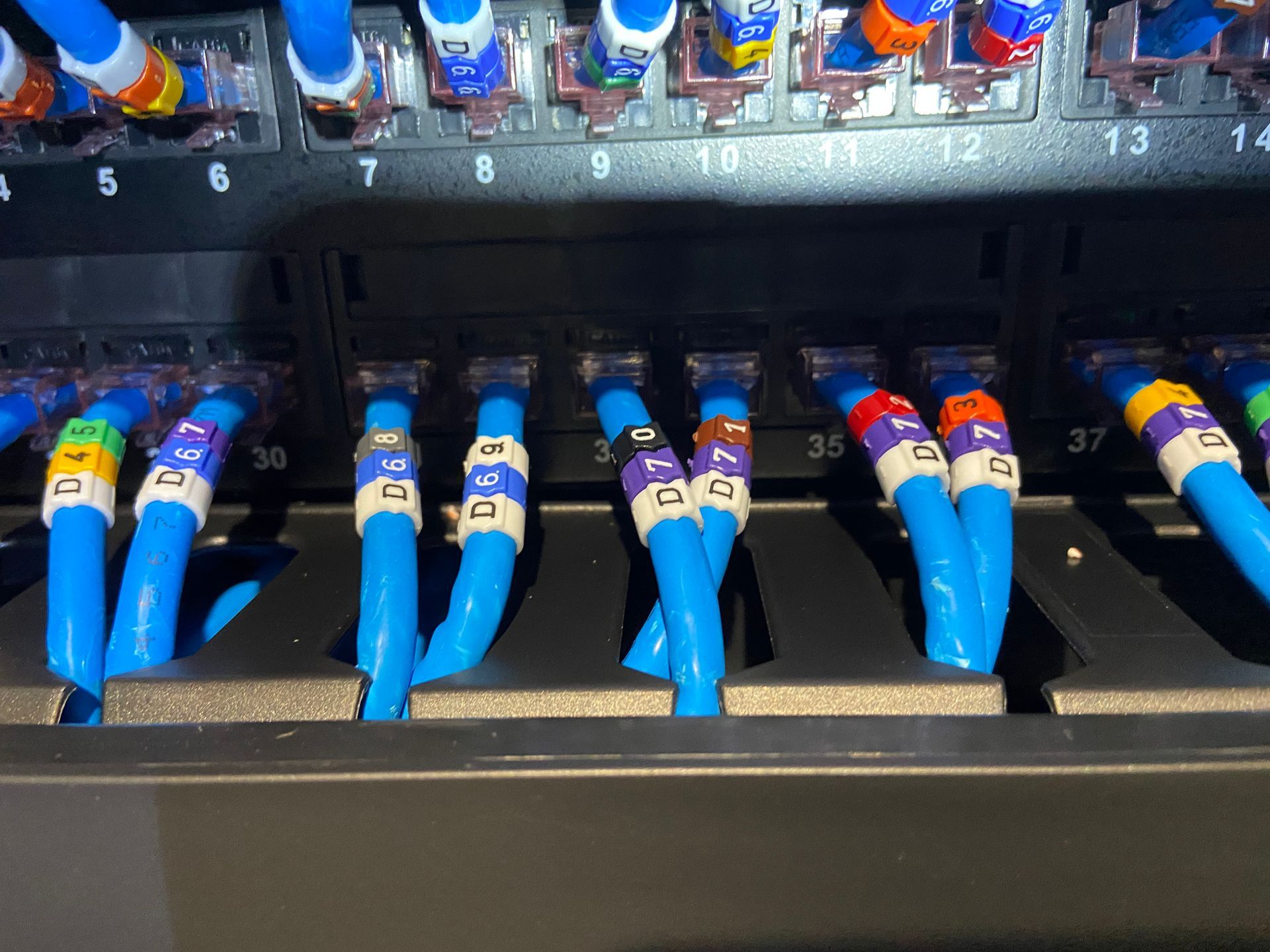 Photo of Installation & termination of patch cables from server racks into patch patch with cable label identity markers