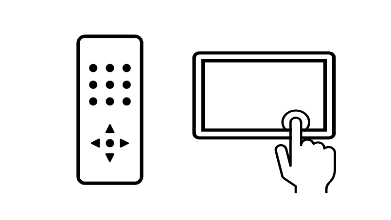 Icons of Remote control and tablet device with a finger touching the screen.