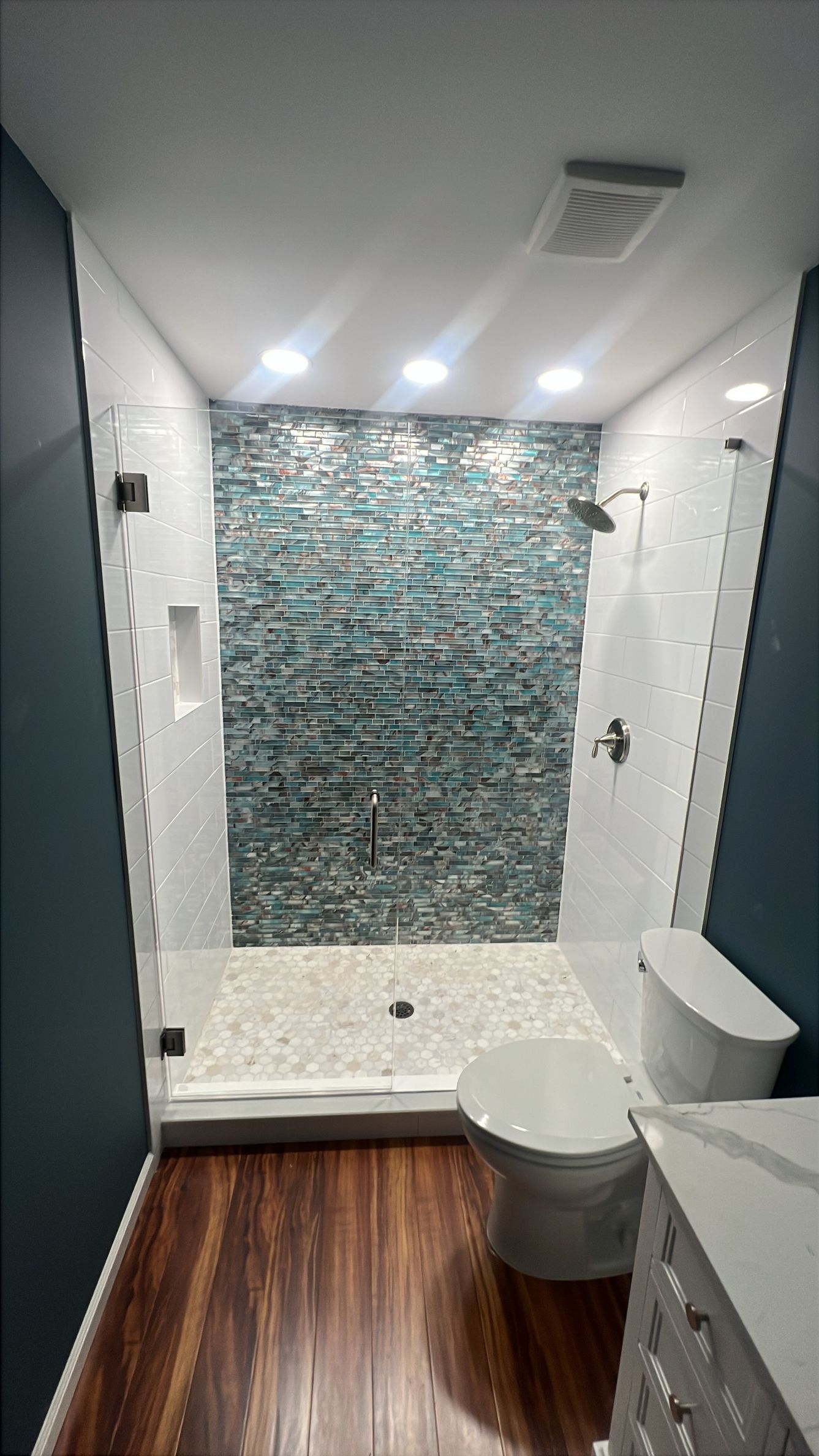 Modern bathroom with walk-in glass shower, white tile walls, wood-look floor, and toilet in foreground