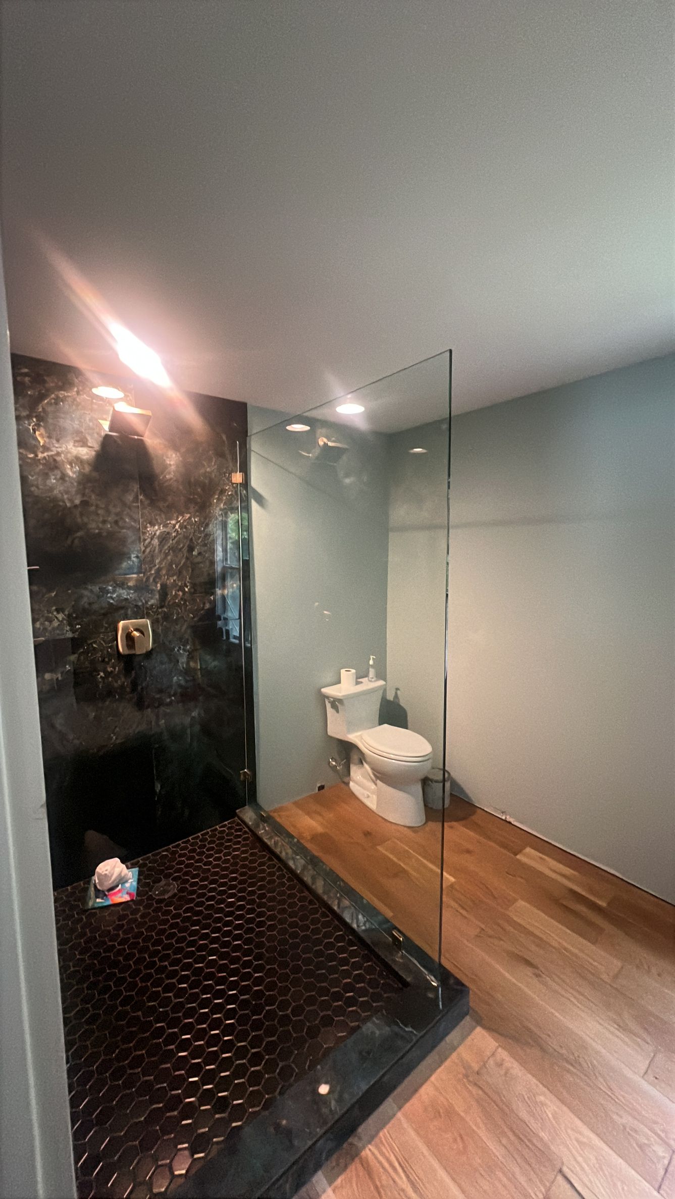 Modern bathroom with a glass shower, white toilet, and wood floor; wall-mounted lights reflect on the mirror.