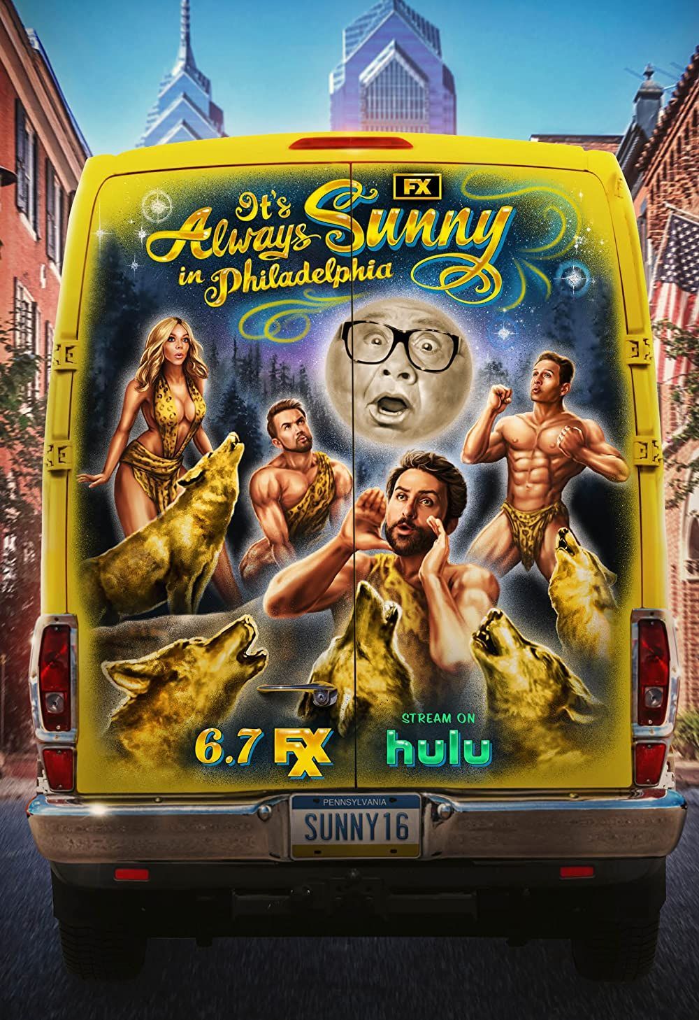 A poster for the tv series It's Always Sunny in Philadelphia showing a back of a yellow van with a painting of people on it.