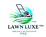 Lawn Luxe Pro logo with green lawn mower, grass, and blue circle for lawn care and gutter cleaning