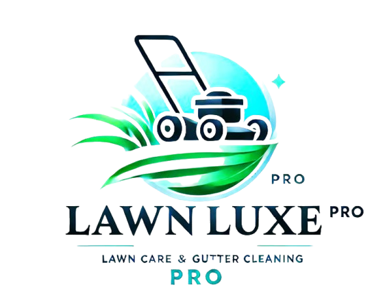 Lawn Luxe Pro logo with green lawn mower, grass, and blue circle for lawn care and gutter cleaning