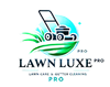 Lawn Luxe Pro logo with green lawn mower, grass, and blue circle for lawn care and gutter cleaning