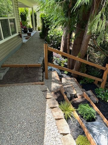 Covered outdoor walkway beside a landscaped garden with a wooden railing and white gravel path.