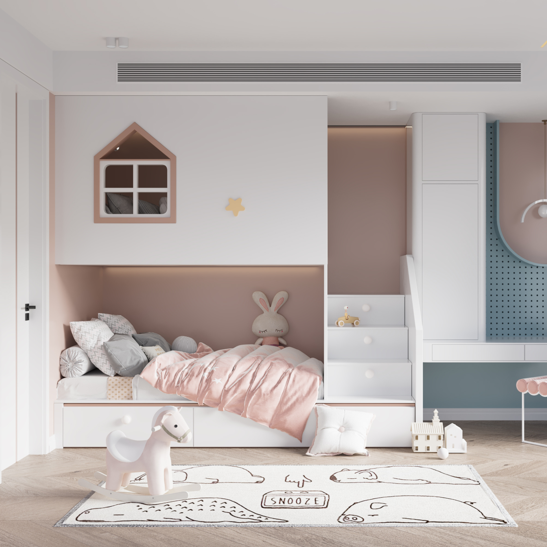 Child's bedroom with bunk bed and desk, featuring pink and white decor. A rug, toys and pillows complete the scene.