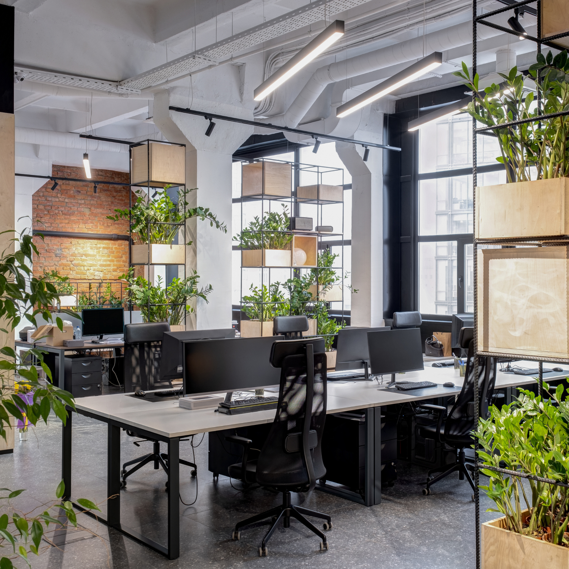 Modern office space with desks, black chairs, lush plants, exposed brick, and large windows.