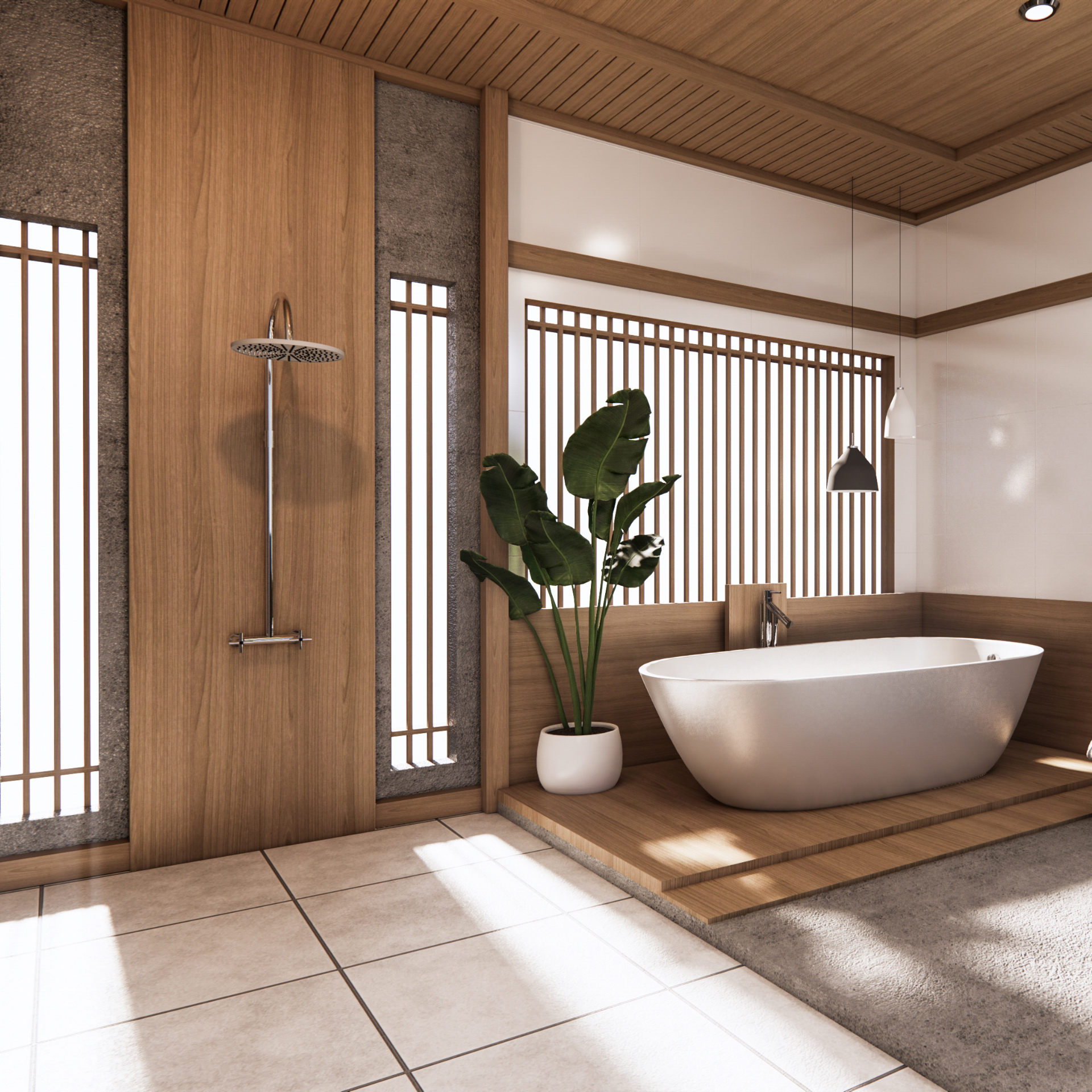 Modern bathroom with wooden accents, a freestanding tub, and a large plant.