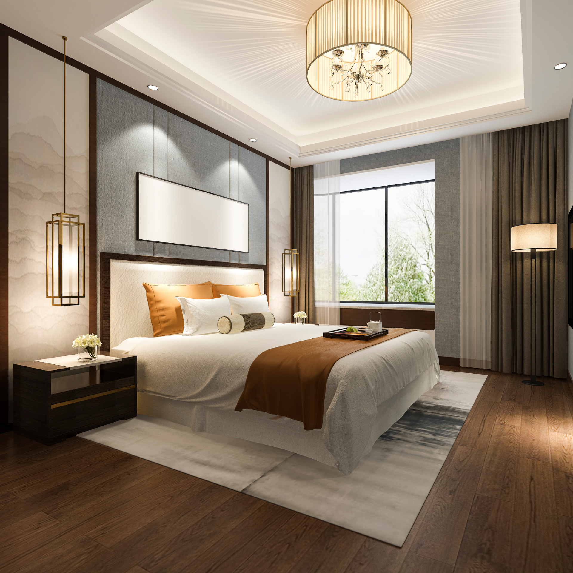 Upscale bedroom with a bed, nightstand, lamps, window, and wood floor.