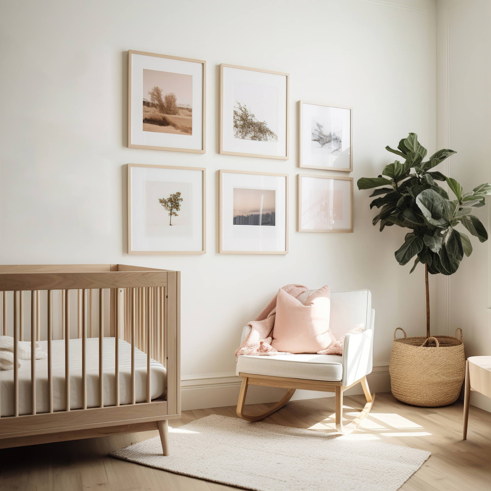 A nursery with a wooden crib, gallery wall, rocking chair, and a potted plant in a woven basket.