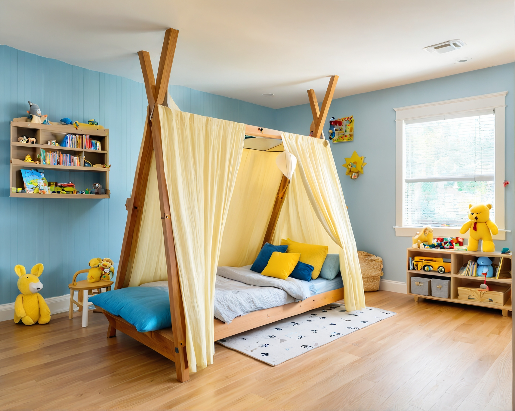 Child's bedroom with a teepee-style bed. Light blue walls, wooden shelves, and toys are visible.