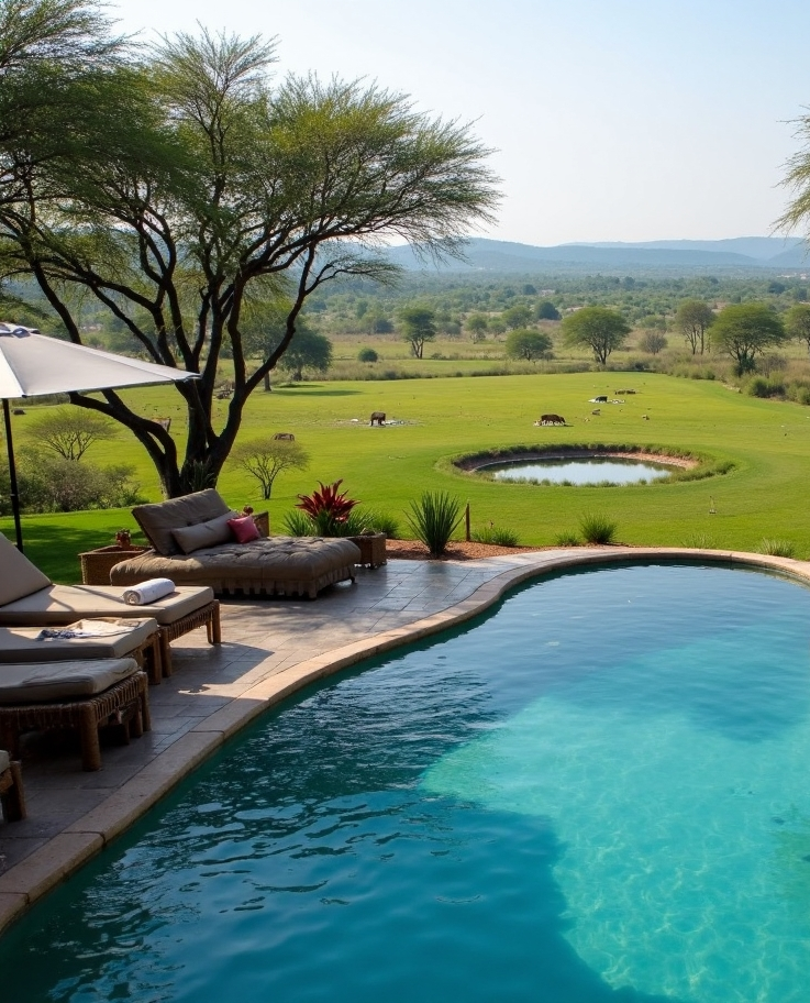 Poolside view with lounge chairs, umbrella, and a lush green landscape with grazing animals.