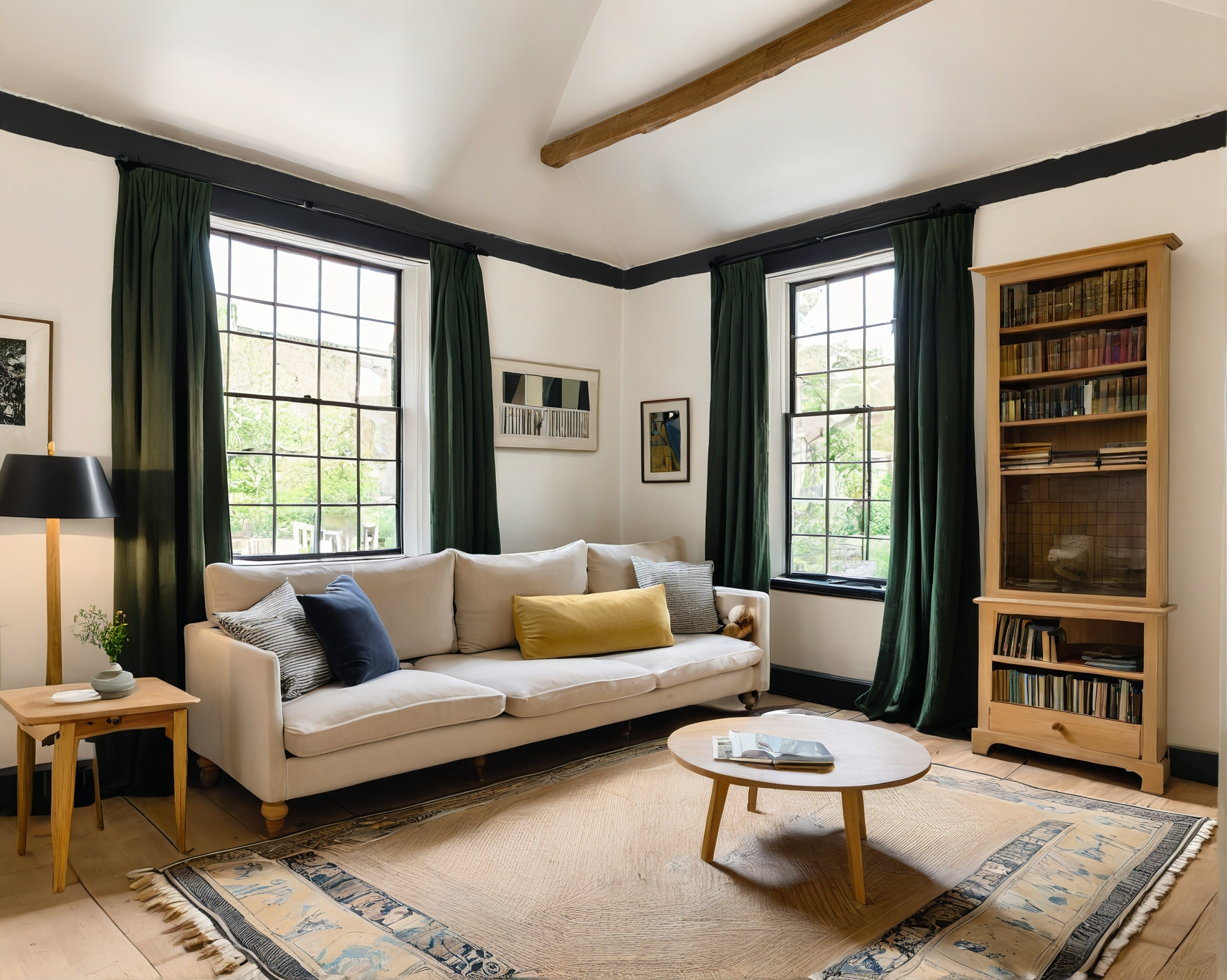 Cozy living room with cream sofa, green curtains, wooden bookshelf, and rug; neutral colors.