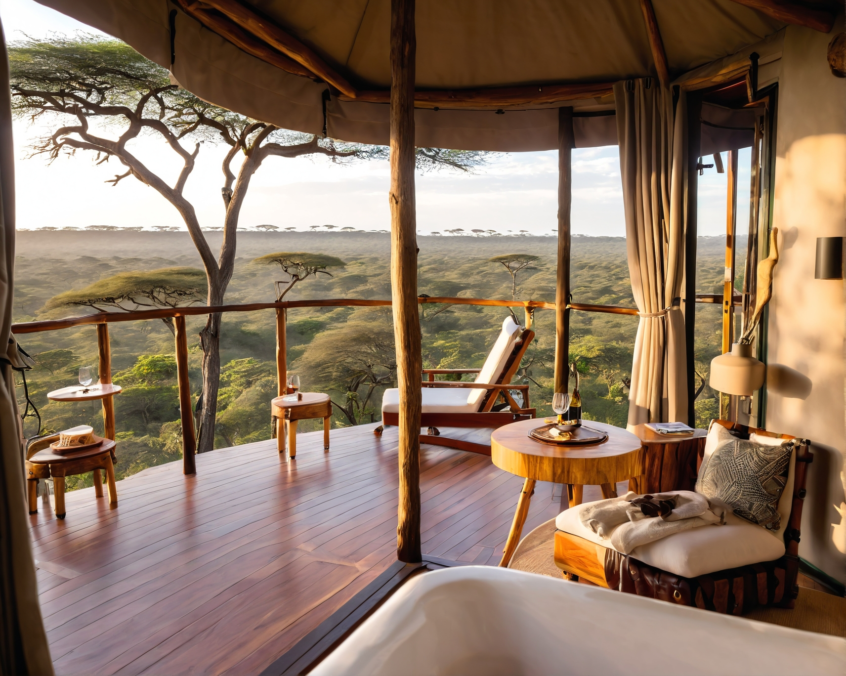 A luxurious outdoor living space overlooks a savanna; includes a lounge chair, table, and bathtub.