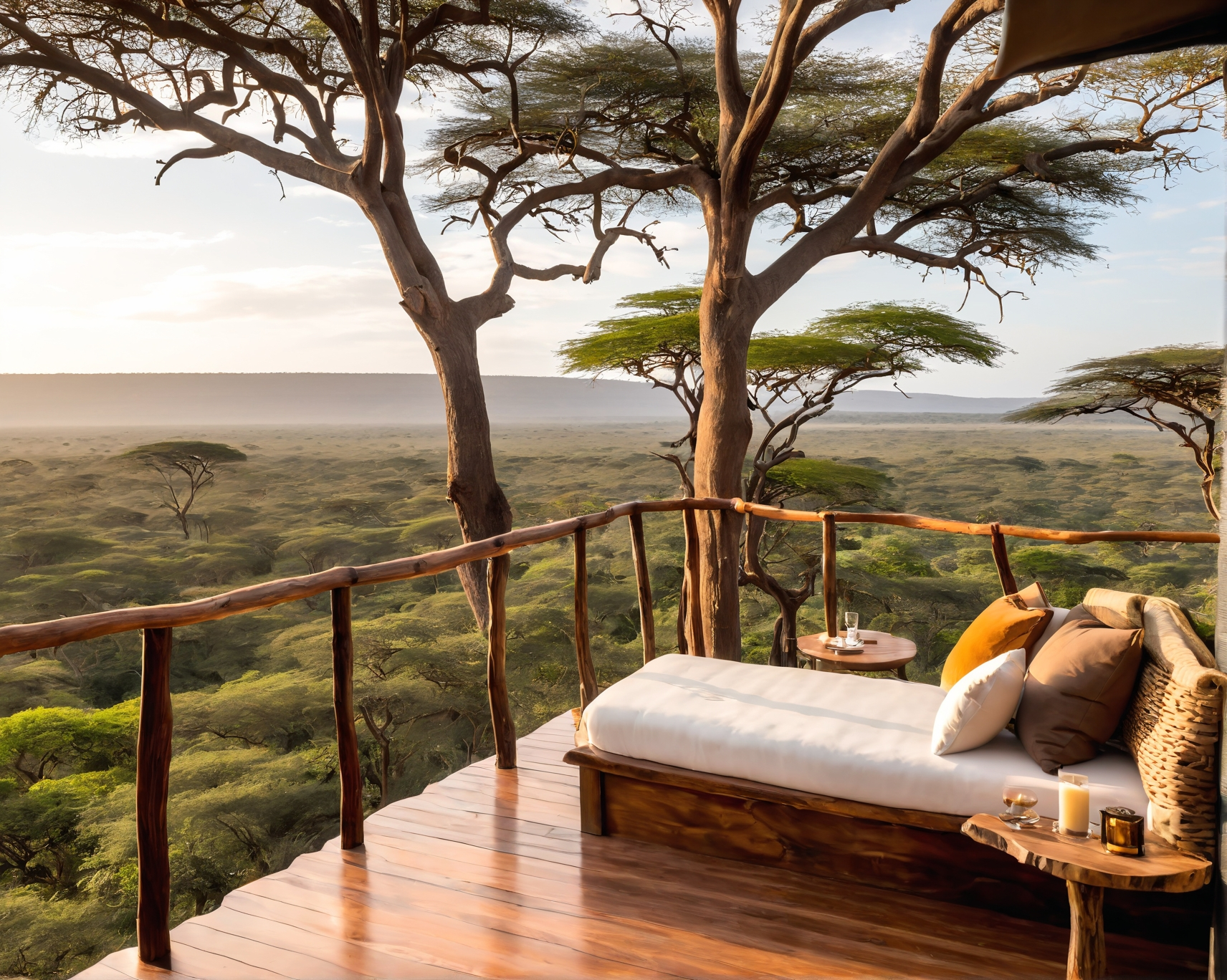 Wooden deck with seating overlooking an African savanna at sunset; trees, brown, tan, green.