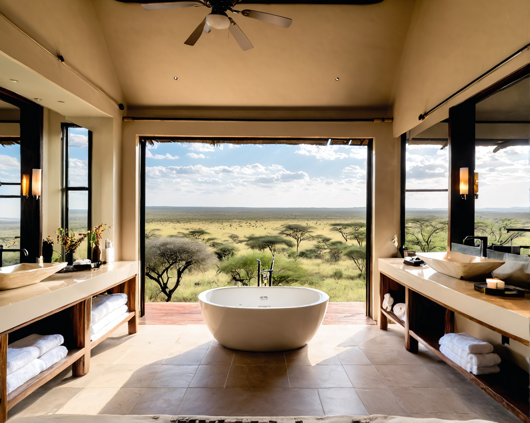 Bathroom with a freestanding tub overlooking a savanna, with sinks and open windows.