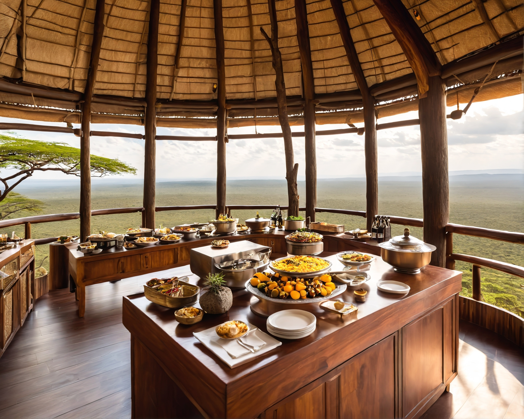 Buffet on a wooden counter inside a circular, open-air structure overlooking a vast, green landscape.