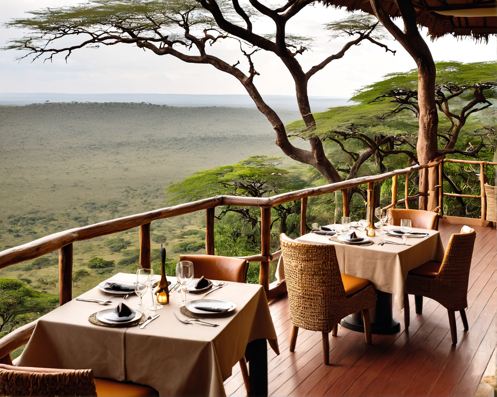 Restaurant tables set on a wooden deck overlooking a savanna landscape, under a sprawling tree.