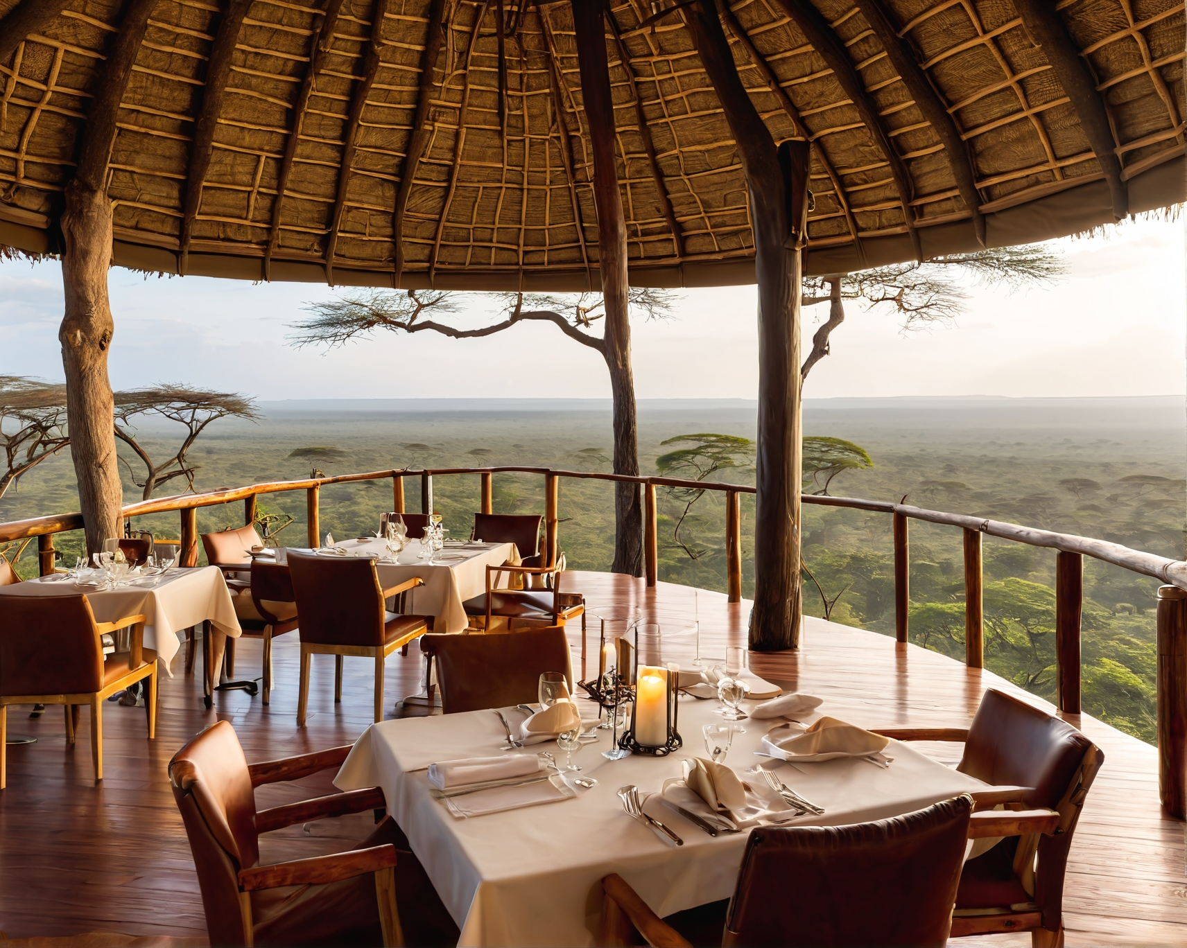 Restaurant with tables set for dining overlooking an African savanna. Brown chairs and white tablecloths.