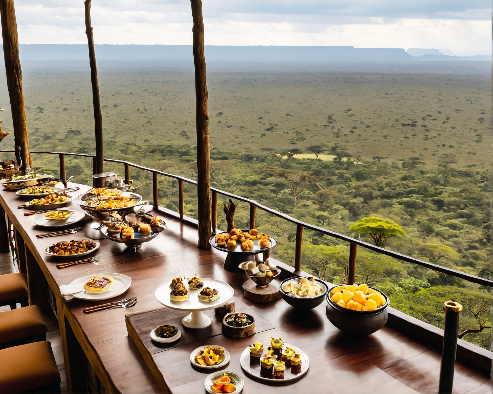 Buffet table with various foods overlooking vast savanna.