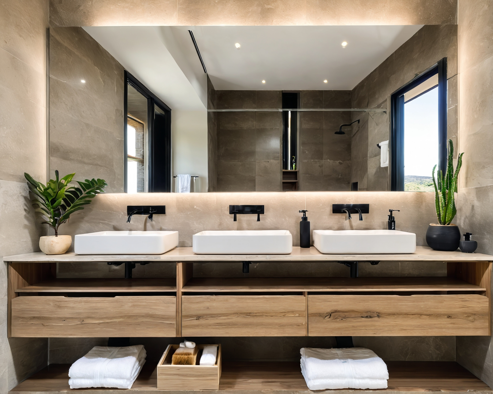 Modern bathroom with three white sinks, a large mirror, and wood cabinets.