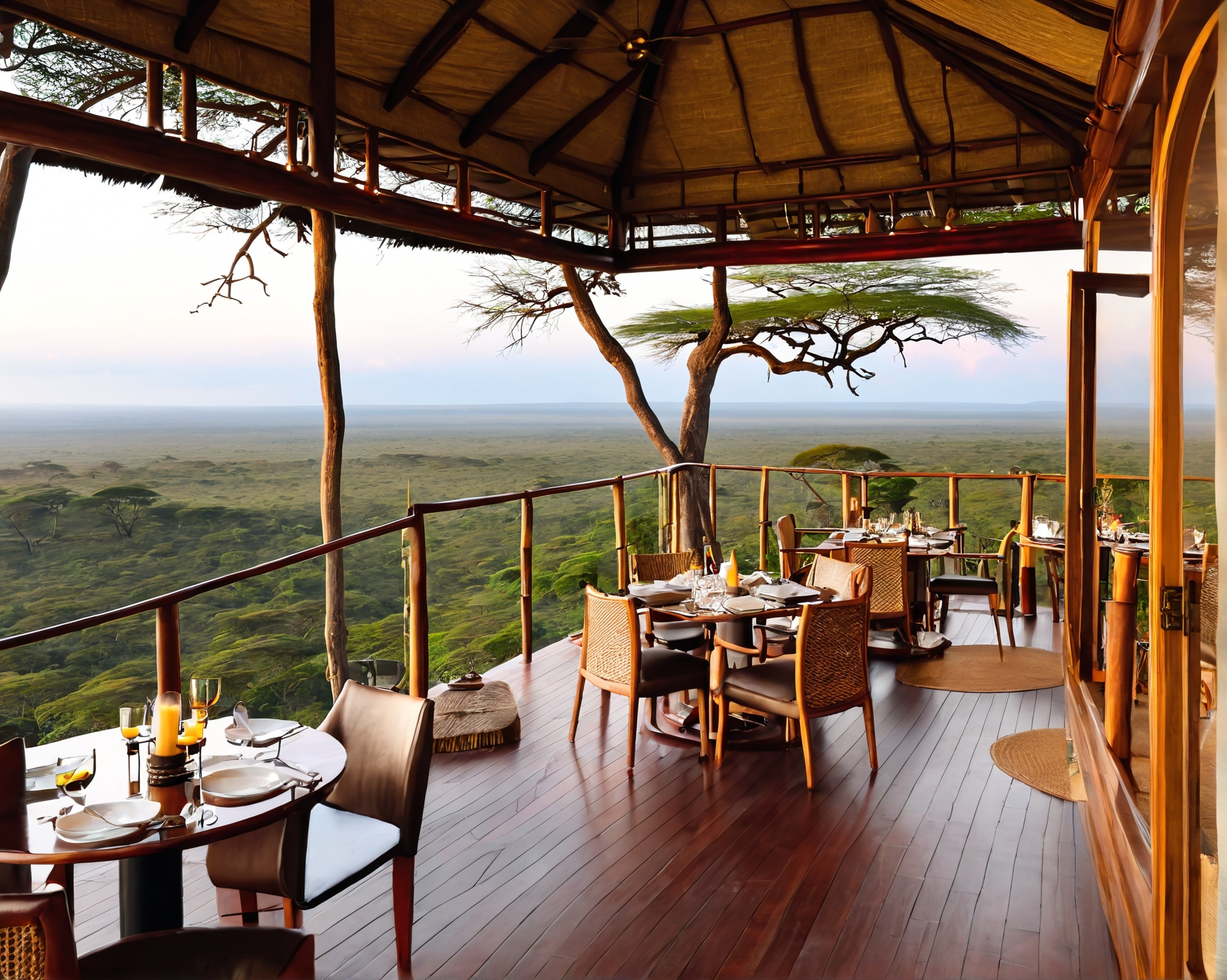 Outdoor dining area overlooking a vast savanna landscape. Tables set for meals, wooden deck and railing.