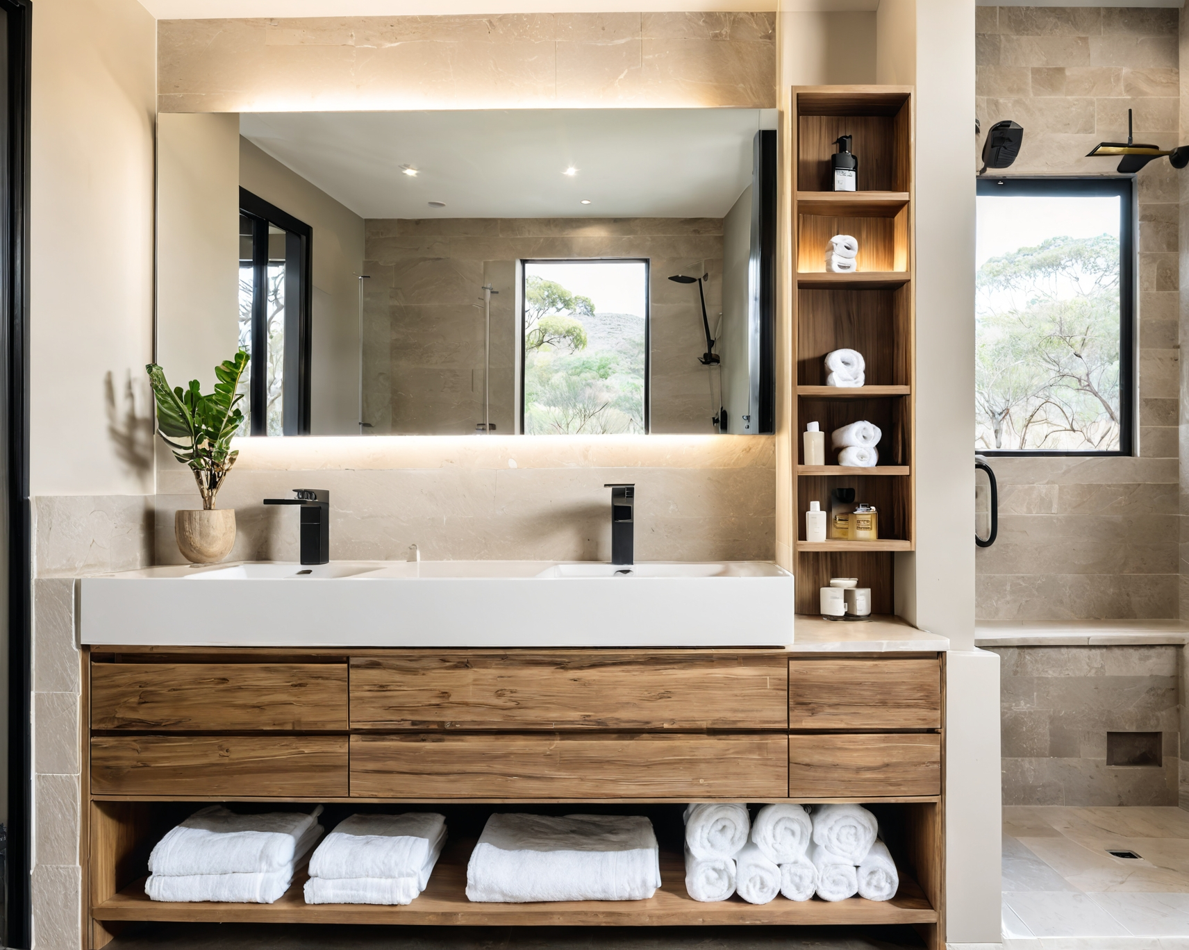 Modern bathroom with wooden vanity, double sinks, and open shelving next to a shower with a window.