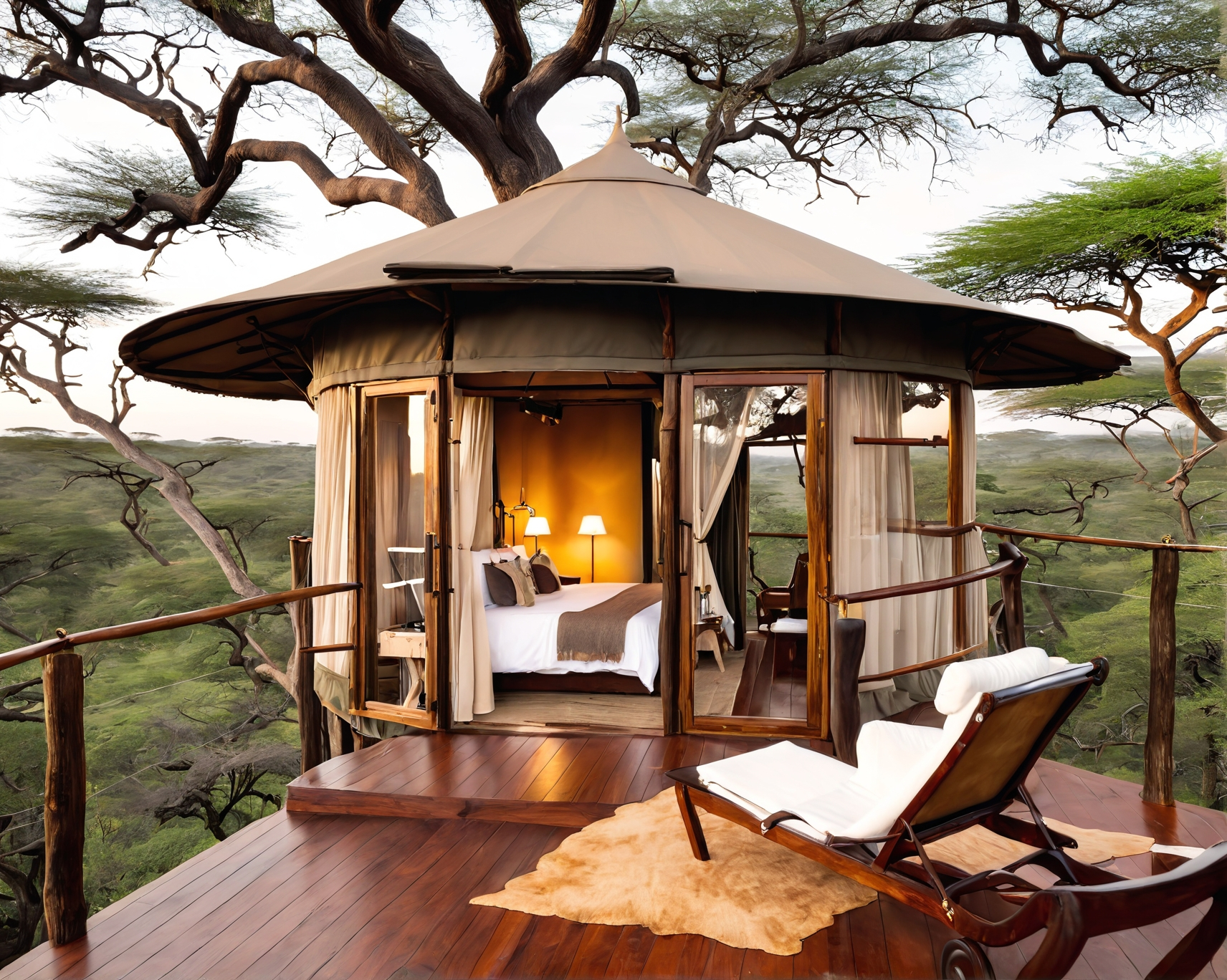 Safari lodge room in a tree with open doors and a deck with a lounge chair overlooking a green landscape.
