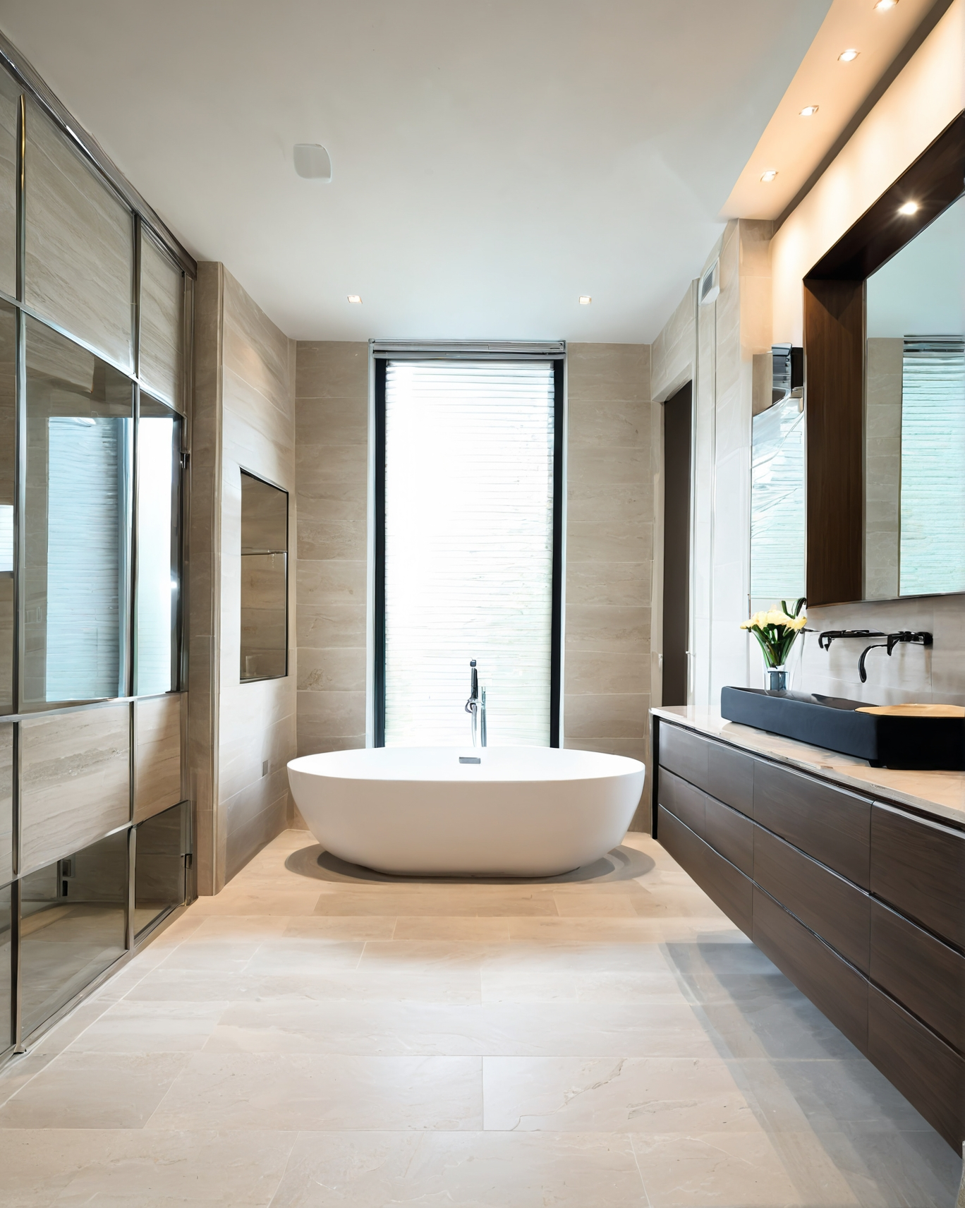 Modern bathroom with a freestanding tub, large window, and dark wood vanity.