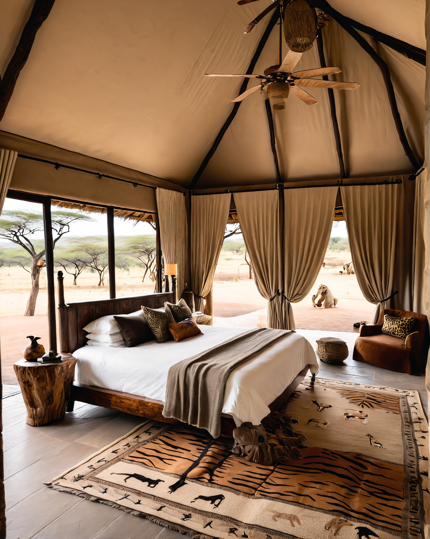 Safari bedroom with a bed, rug, curtains, and a view of the savanna.