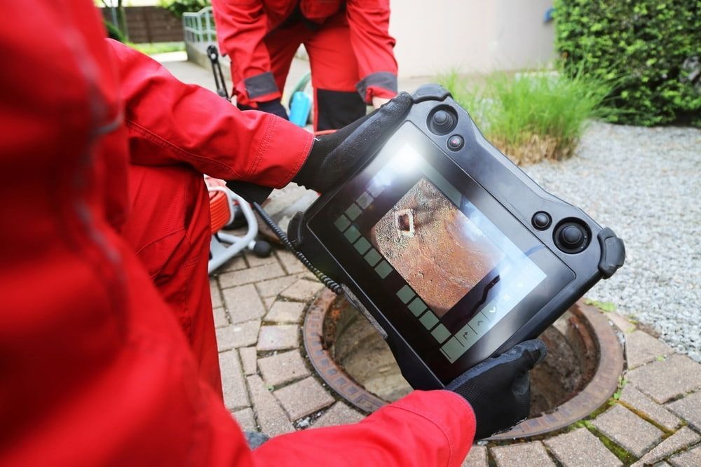 A Man In A Red Jacket Is Holding A Tablet In Front Of A Manhole Cover — DAVMAC Plumbing in Wauchope, NSW