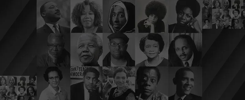 A collage of black and white photos of famous black people.