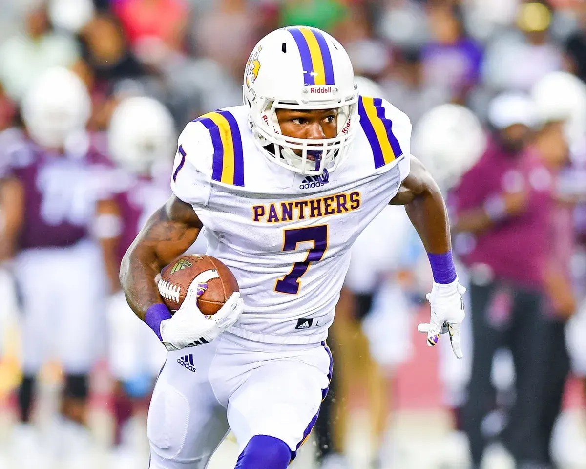 A football player for the panthers is running with the ball during a game.