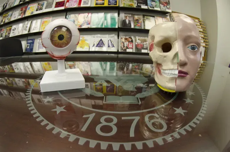 An eye and a skull are on a table with the year 1876