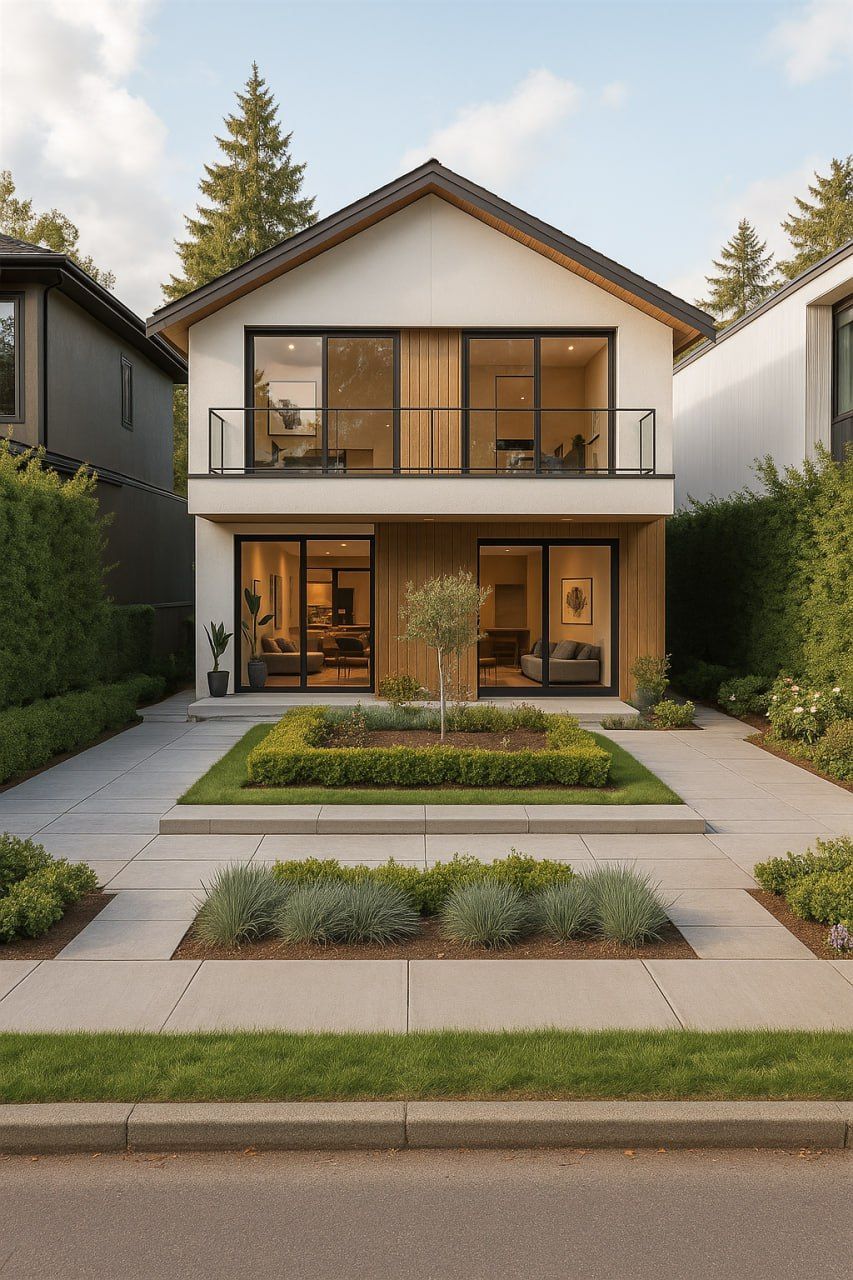 Modern two-story house with light facade, large windows, and manicured landscaping.