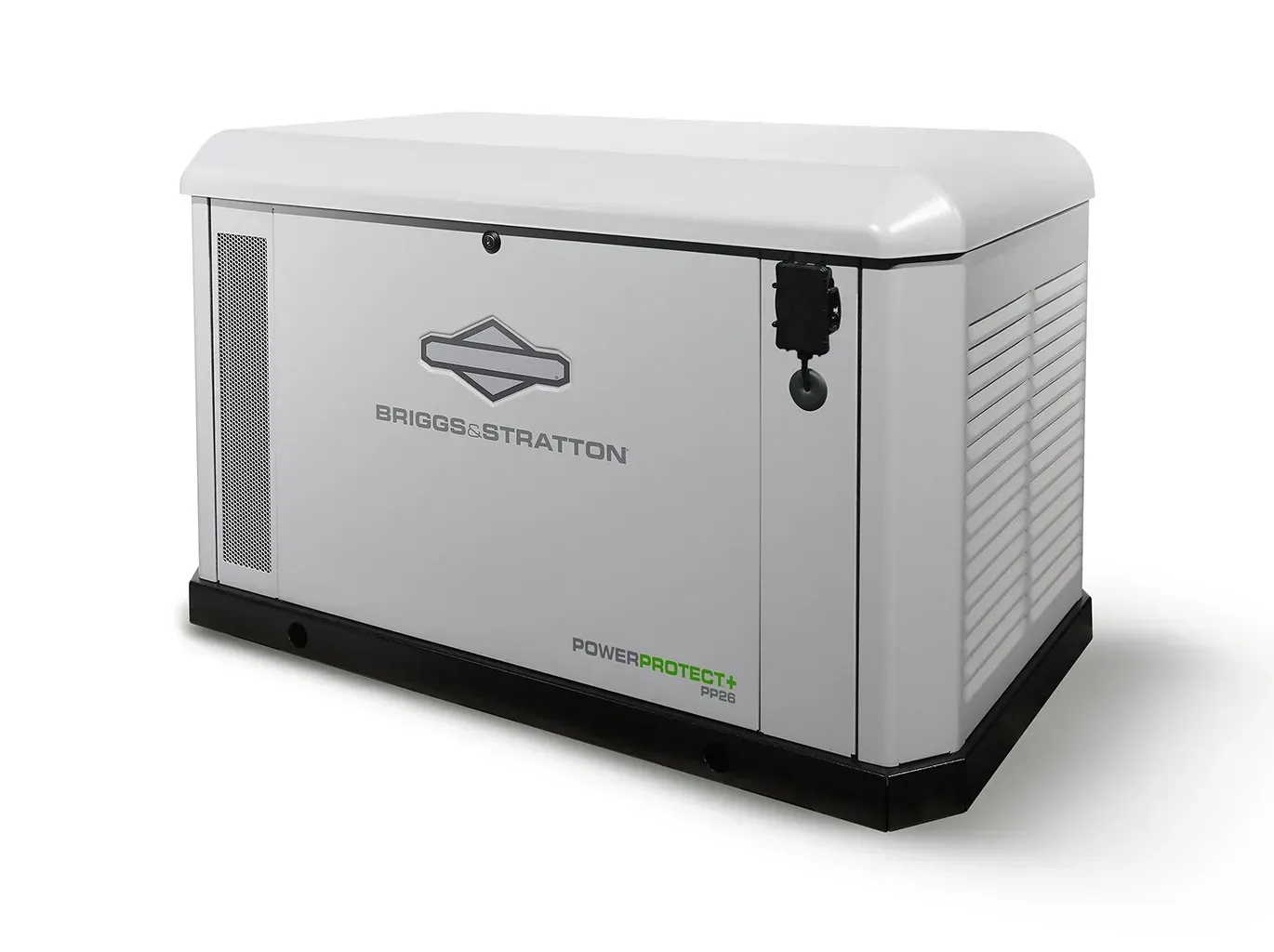 White Briggs & Stratton generator with black base and side vents on a plain background
