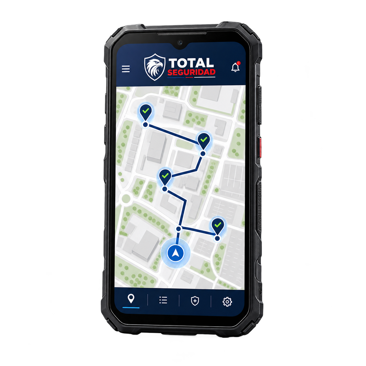 Un smartphone negro muestra una aplicación de navegación. El mapa muestra una ciudad con botones de ubicación.