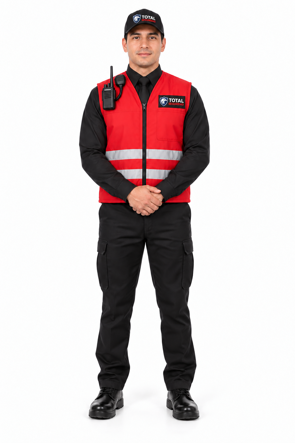 Varios uniformes y equipos para trabajadores de emergencia, incluidas chaquetas rojas, chalecos y un uniforme completo.