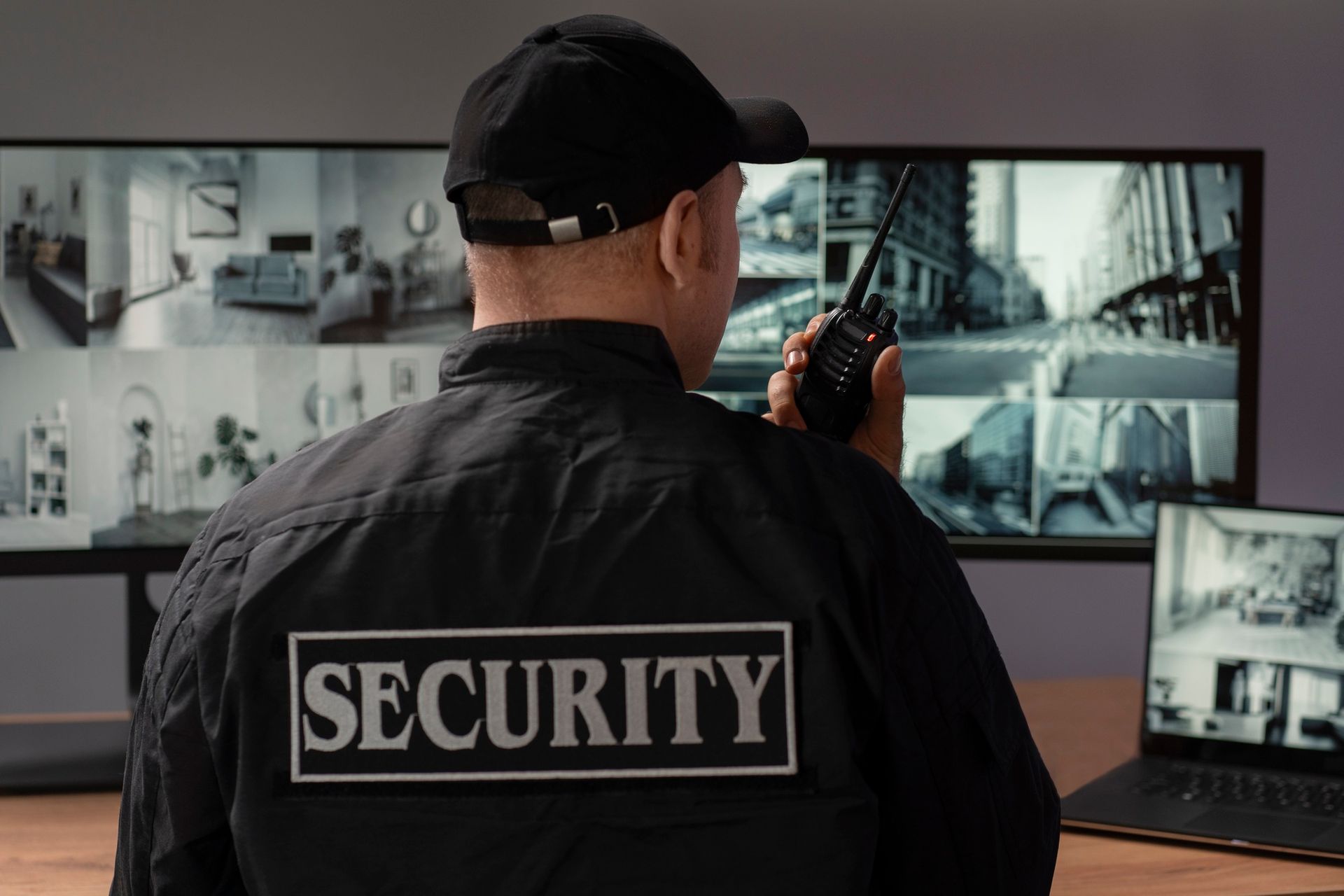 Guardia de seguridad con uniforme negro, hablando por radio, monitoreando cámaras de seguridad dentro y fuera.