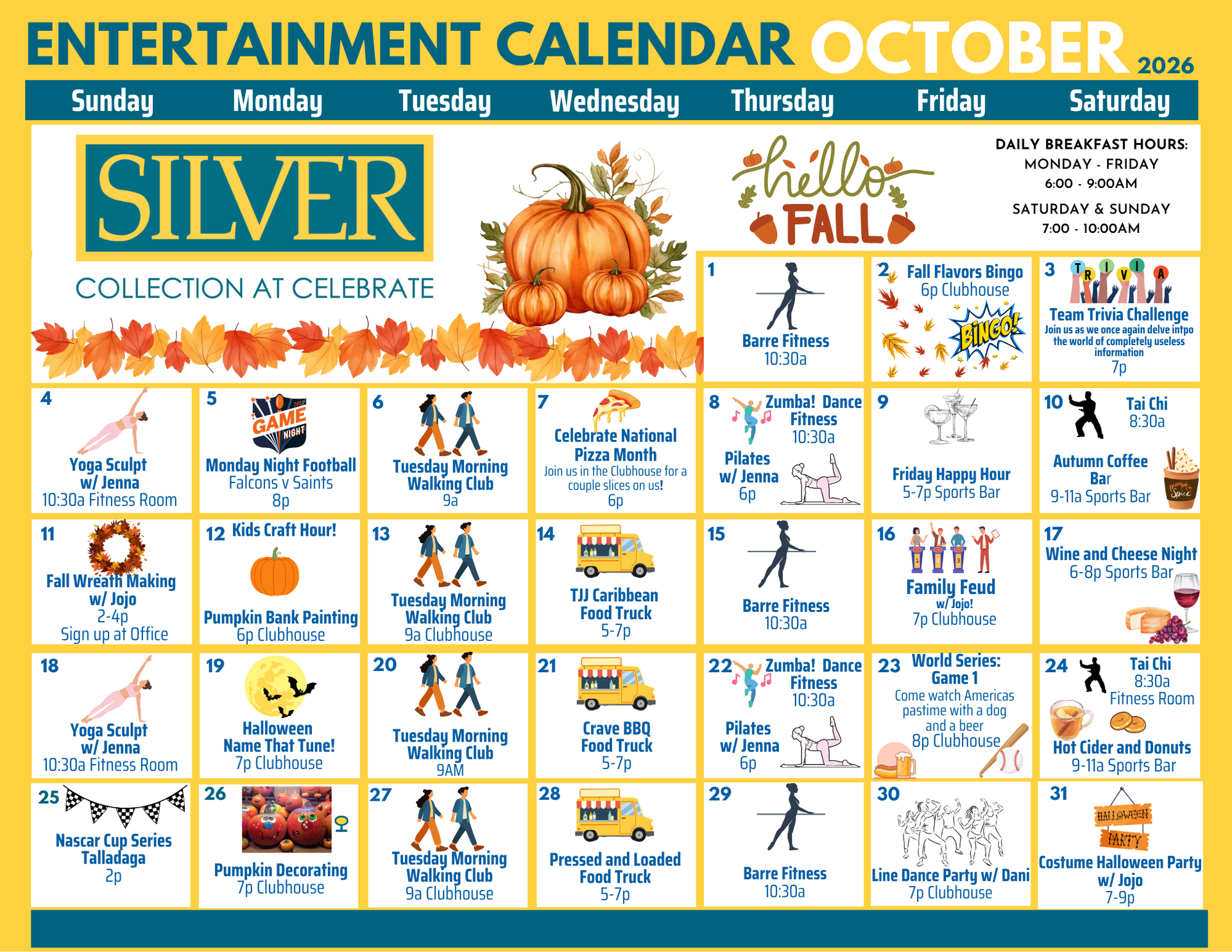 Monthly entertainment calendar decorated with seasonal elements.