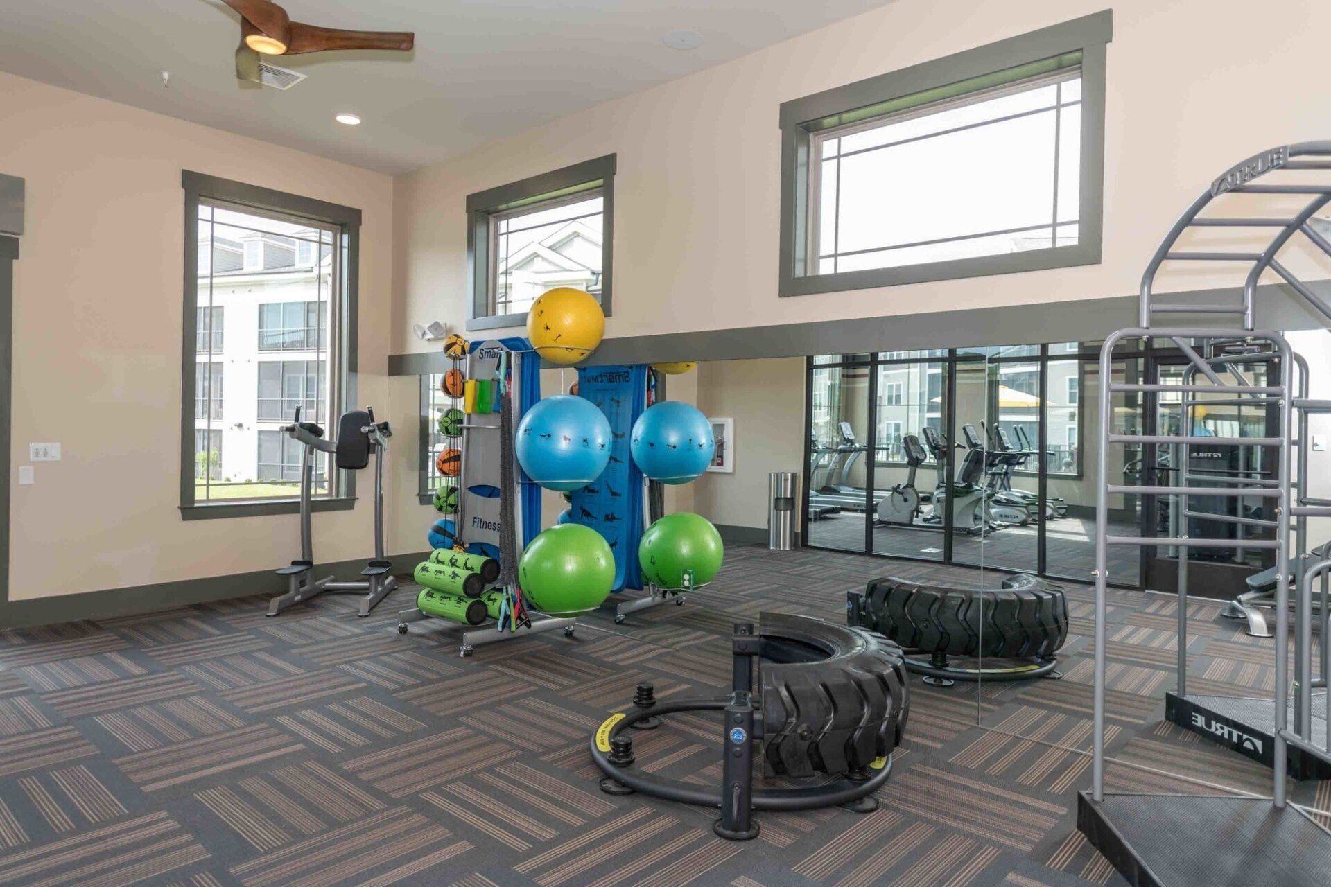 A gym interior with exercise balls on a rack, a large tire for flipping, and gym equipment under windows at Silver Collection at Celebrate apartment community in Fredericksburg, VA.